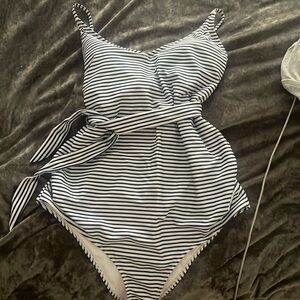 Dark Navy and white striped one piece maternity swim suit